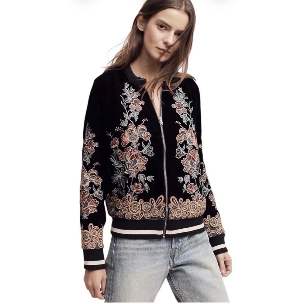 Anthropologie Elevenses Black Velvet Embroidered Floral Beaded Bomber Jacket S